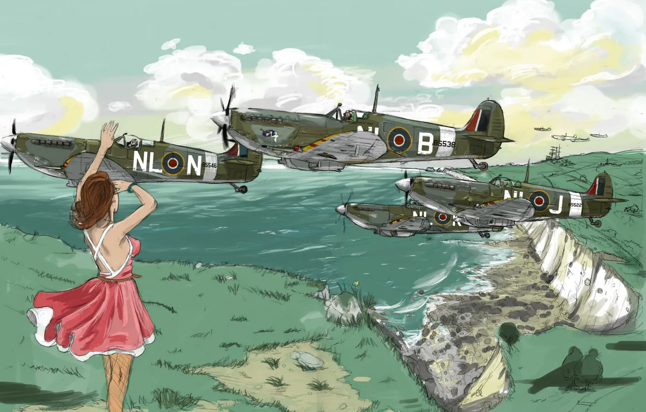 Фото обои Девушка, самолеты, Supermarine Spitfire, WW2, Туманный Альбион