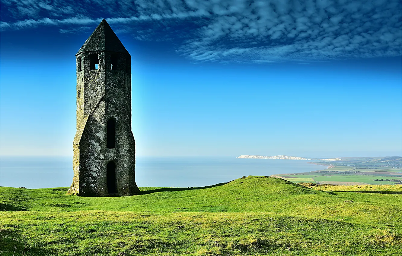 Фото обои море, побережье, Англия, башня, горизонт, England, St Catherines Oratory, Chale