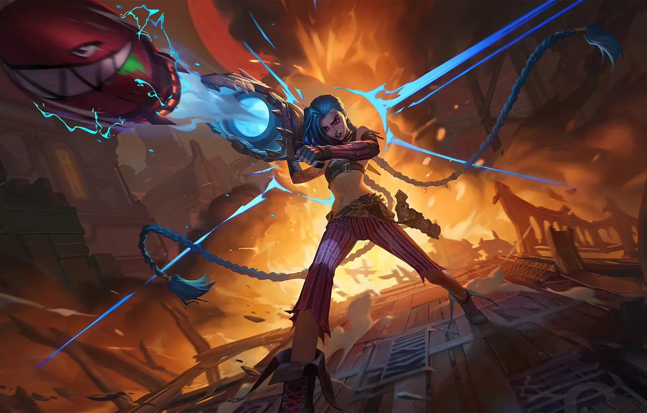 Фото обои девушка, выстрел, бой, базука, персонаж, Jinx, Джинкс, Arcane