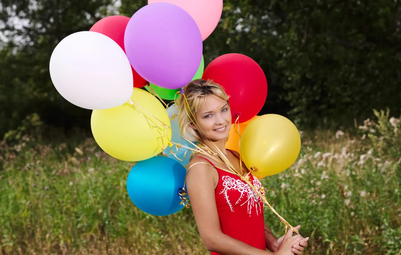 Фото обои природа, воздушные шары, Девушка, платье