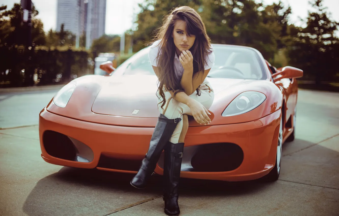 Фото обои взгляд, девушка, брюнетка, red, ferrari, f430, Rosistsa