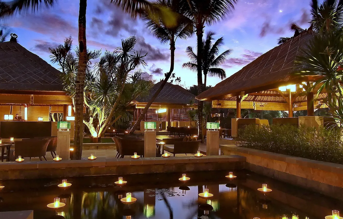 Фото обои пальмы, настроение, вечер, ресторан, отель