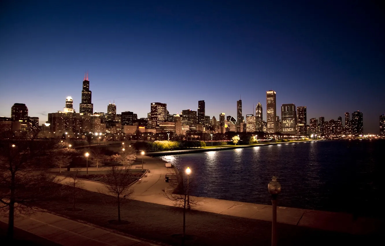 Фото обои ночь, city, парк, небоскребы, USA, Chicago, Illinois