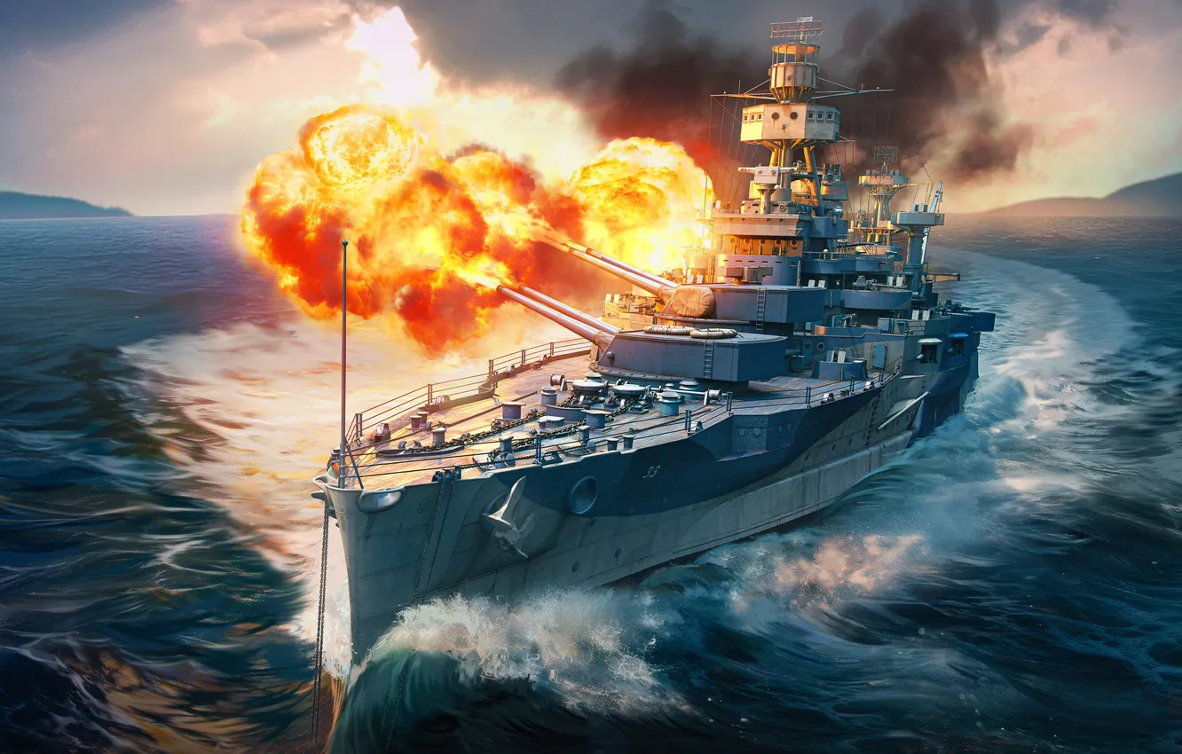 Фото обои Игра, Корабль, США, Выстрел, Game, War Thunder, Gaijin Entertainment, Линейный корабль