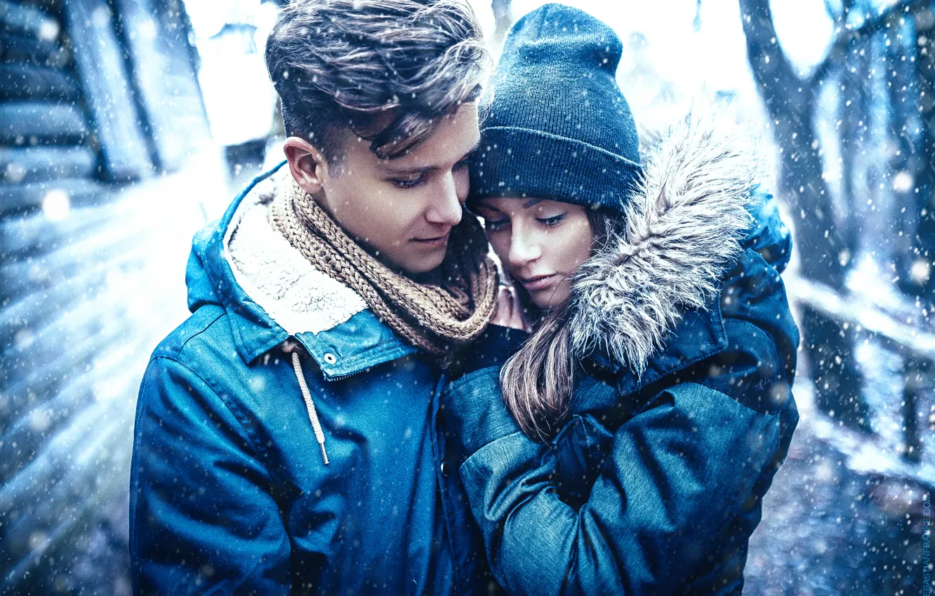 Фото обои девушка, снег, любовь, пара, парень