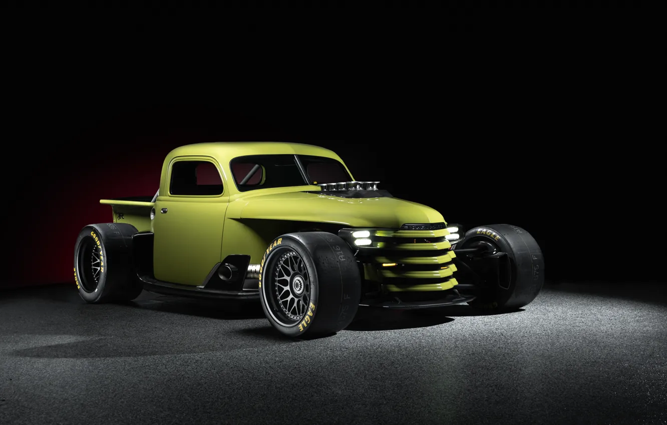 Фото обои SEMA, Black Background, Ringbrothers, 2022, SEMA 2022, Enyo 1948, Chevrolet Super Truck, Super Truck