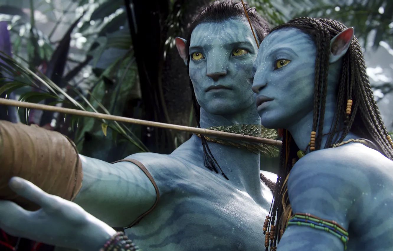 Фото обои Avatar, Neytiri, bow, arrow, Zoe Saldana, Jake Sully, Sam Worthington