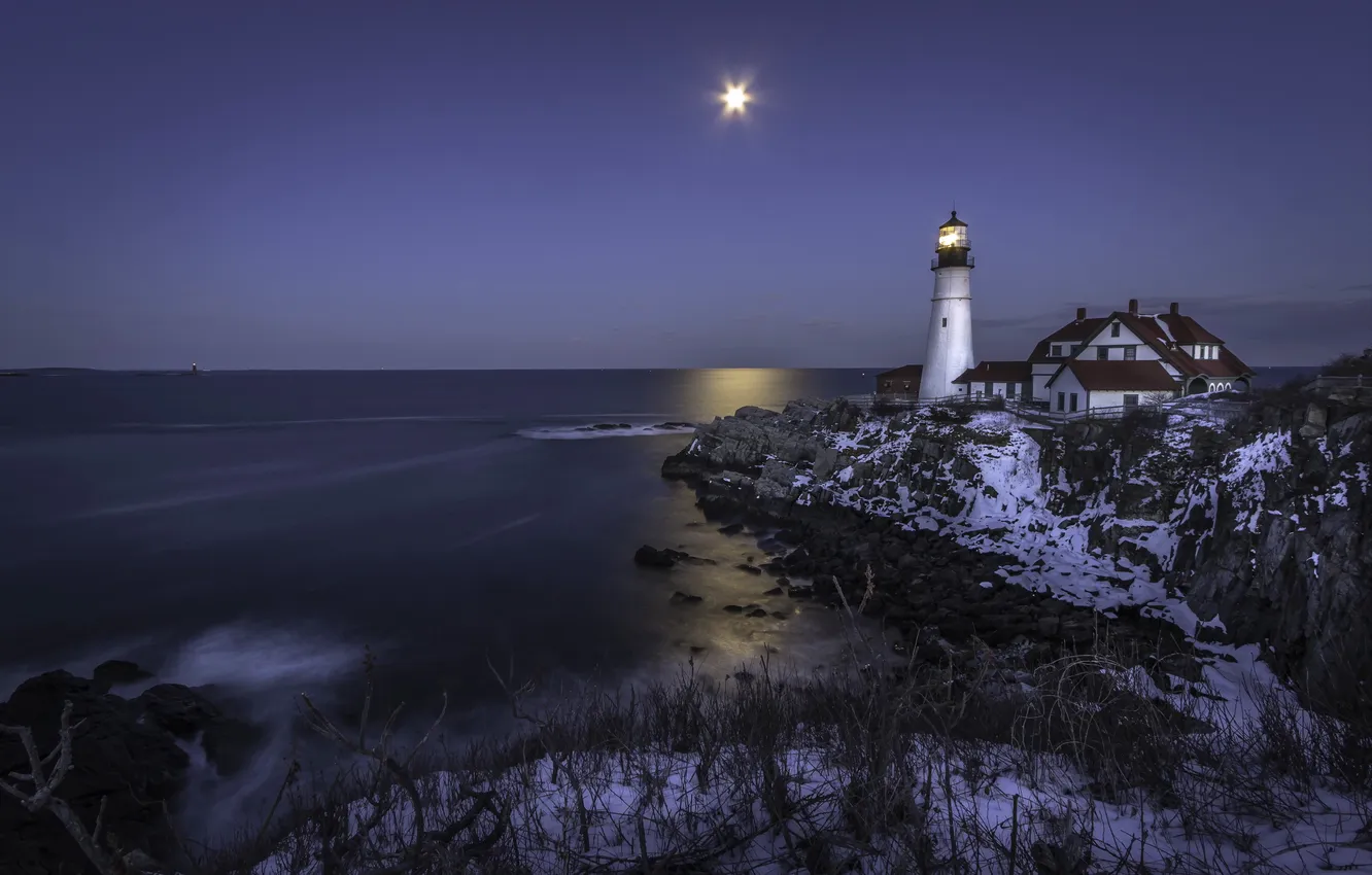 Фото обои море, ночь, маяк