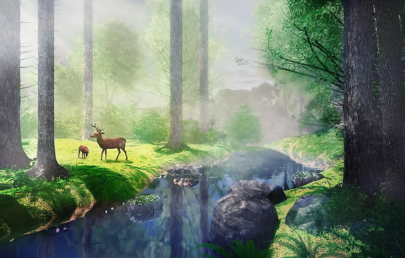 Фото обои лес, природа, река, олени, 3D-графика, by IkyuValiantValentine