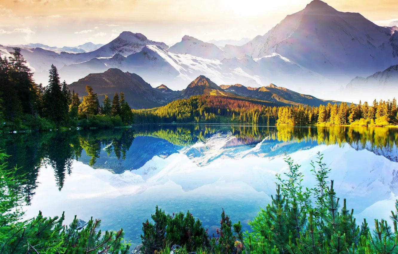 Фото обои небо, деревья, горы, озеро, дымка