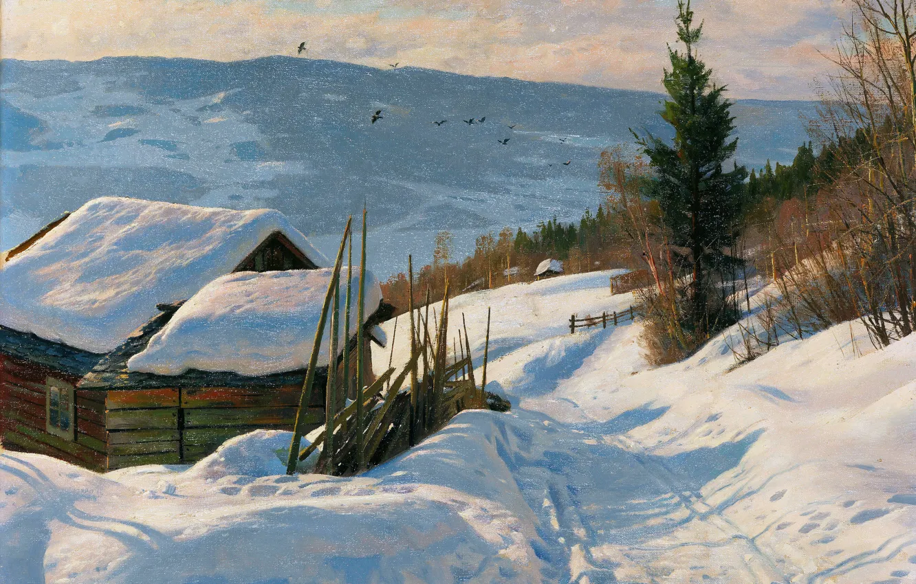 Фото обои Дома, Дорога, Деревья, Снег, Картина, Петер Мёрк Мёнстед, Peder Mørk Mønsted, Солнечный зимний день в …