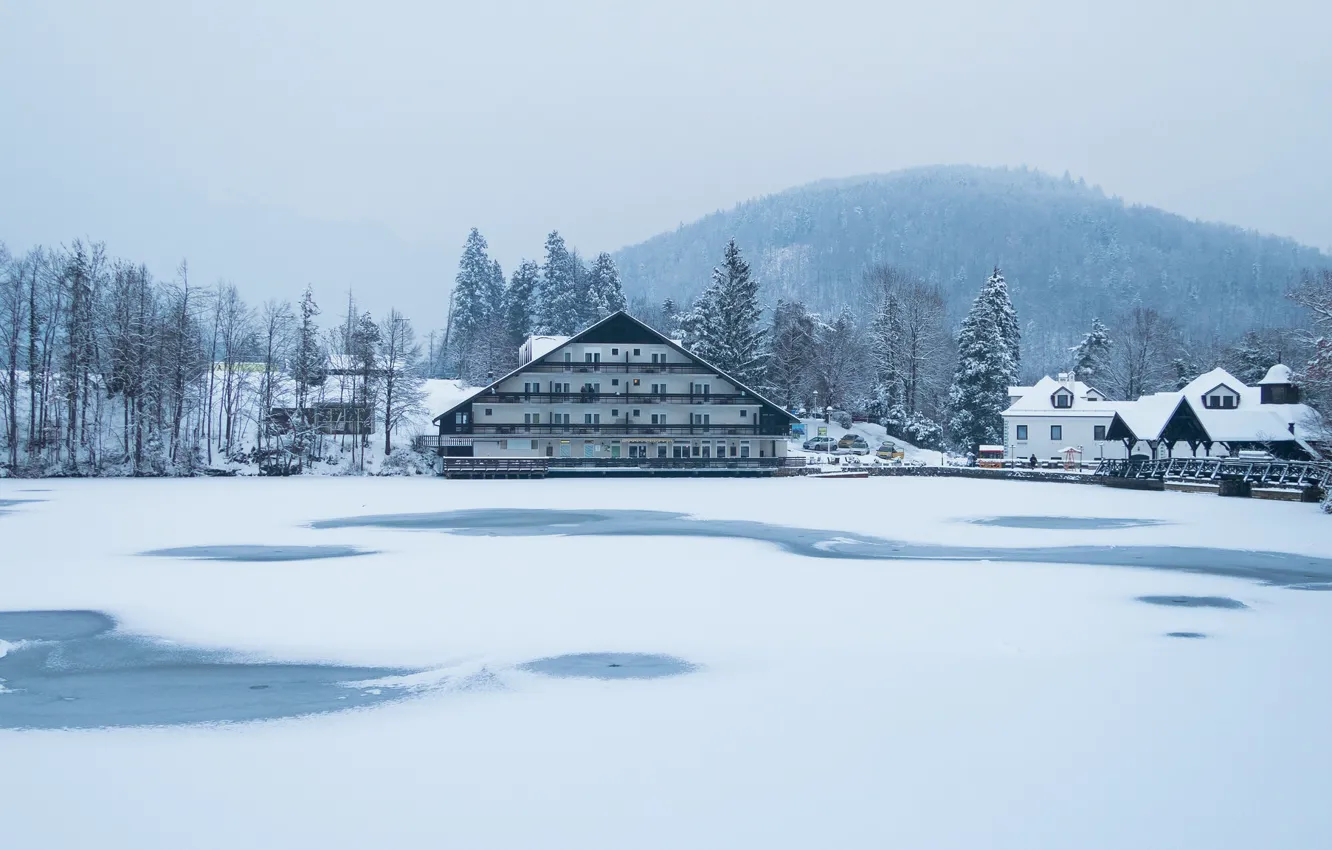 Фото обои misty, winter, snow, fog, hill, hotel, frozen, Slovenia