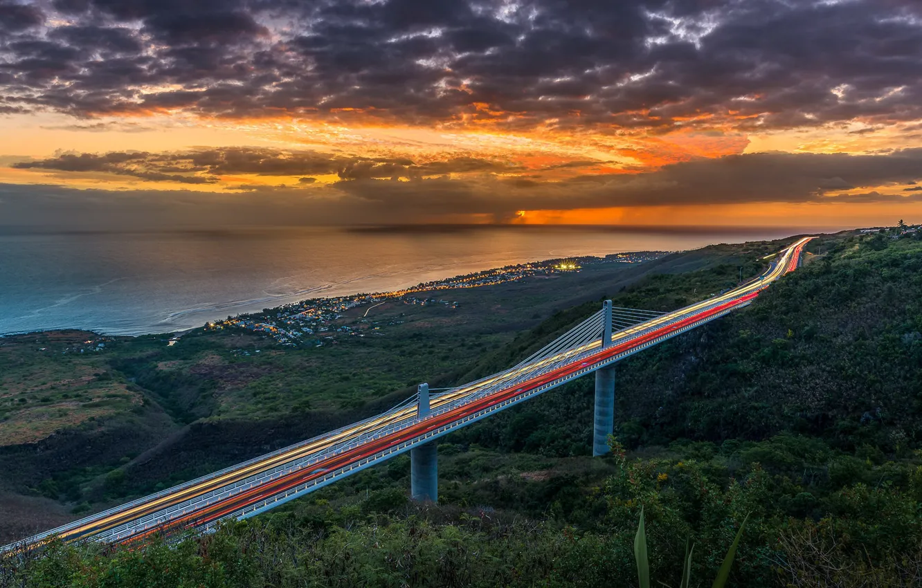 Фото обои Bridge, Sunset, Reunion Island, Indian-Ocean