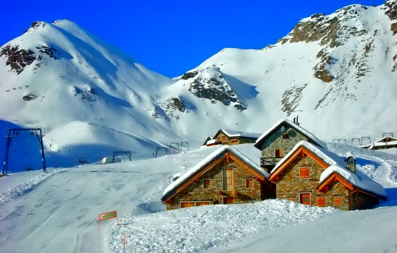 Фото обои зима, небо, снег, горы, дома, Италия, курорт