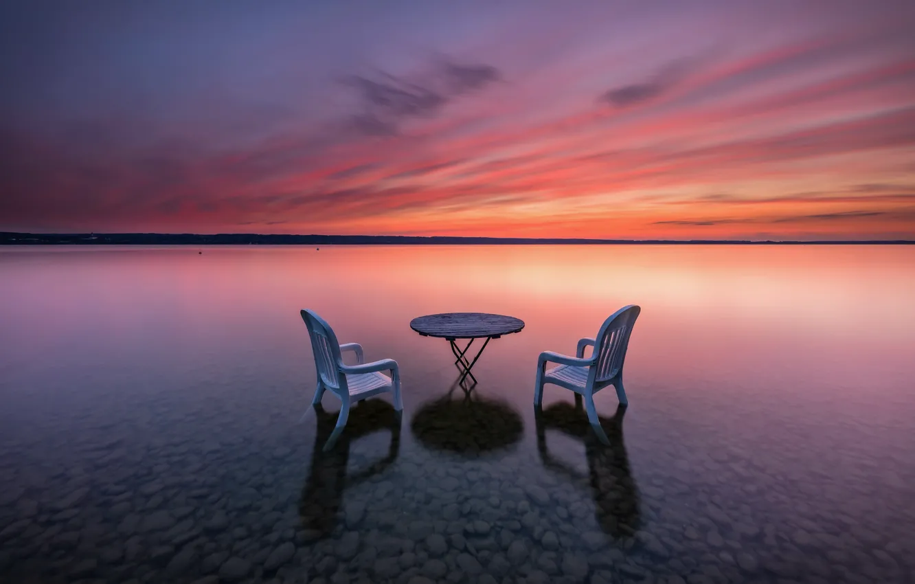 Фото обои закат, стол, берег, стул