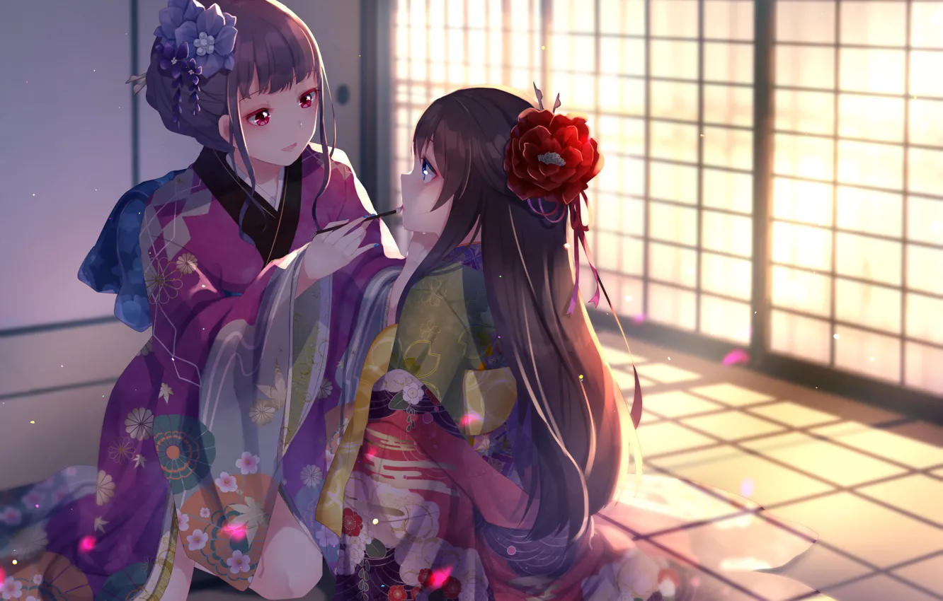 Фото обои макияж, кимоно, в комнате, солнечный свет, цветок в волосах, татами, две девочки, сидит на коленях