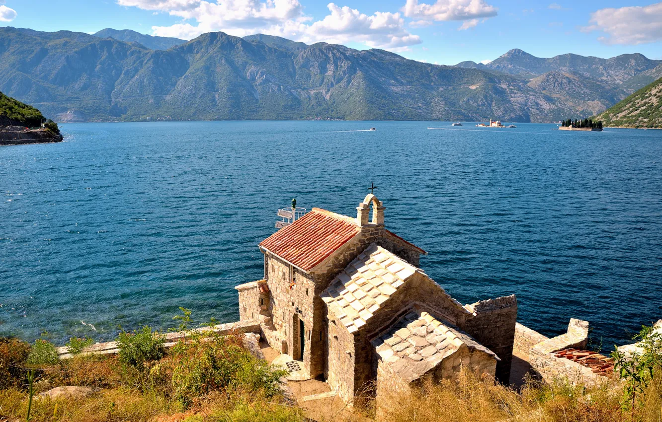 Фото обои Черногория, Tivat, Kotor fjord, маленькая церковь, Lepetane