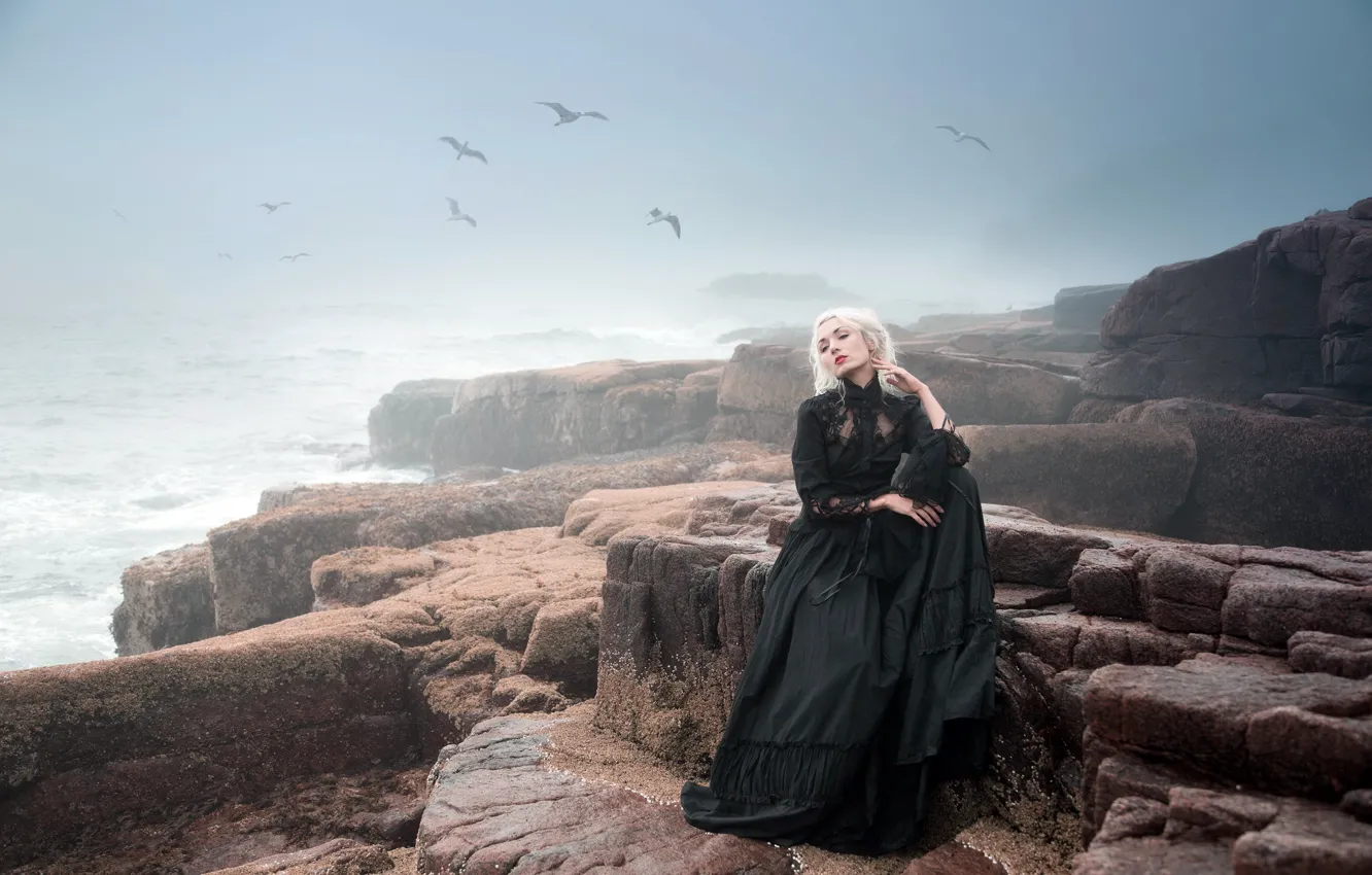 Фото обои море, девушка, туман