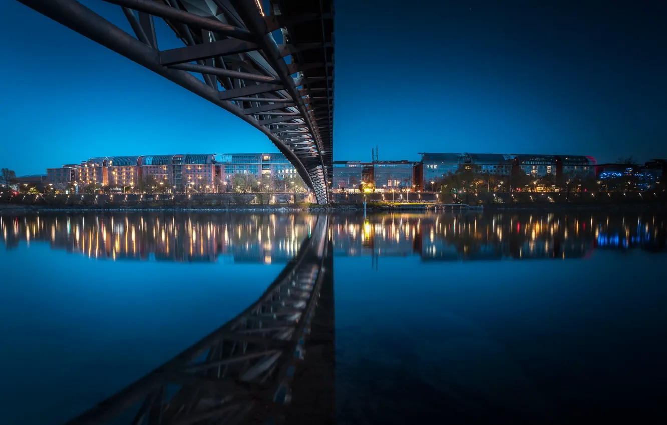 Фото обои мост, огни, река, Франция, вечер, Лион