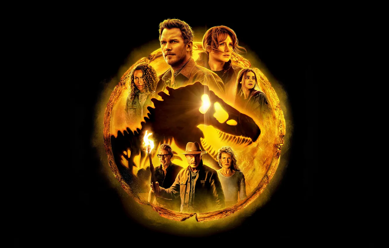Фото обои фантастика, черный фон, постер, Sam Neill, Chris Pratt, Bryce Dallas Howard, Крис Пратт, Брайс Даллас …