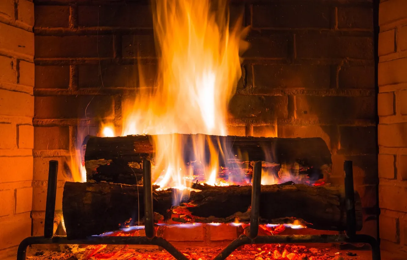 Фото обои огонь, пламя, кирпич, дрова, fire, flame, камин, fireplace
