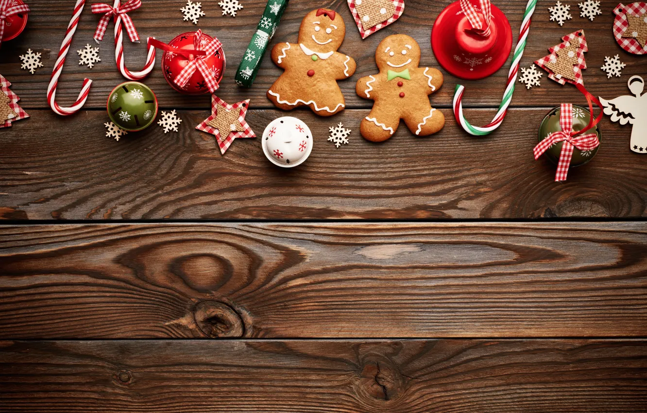 Фото обои Новый Год, Рождество, christmas, balls, wood, merry christmas, gift, cookies