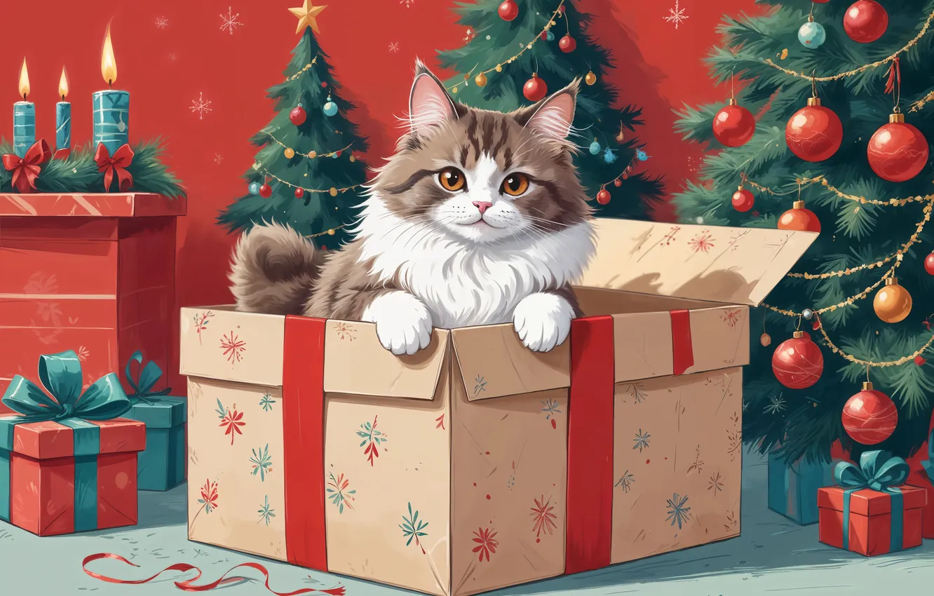 Фото обои Кошка, Кот, Рождество, Новый год, Елка, Игрушки, Коробка, Цифровое искусство