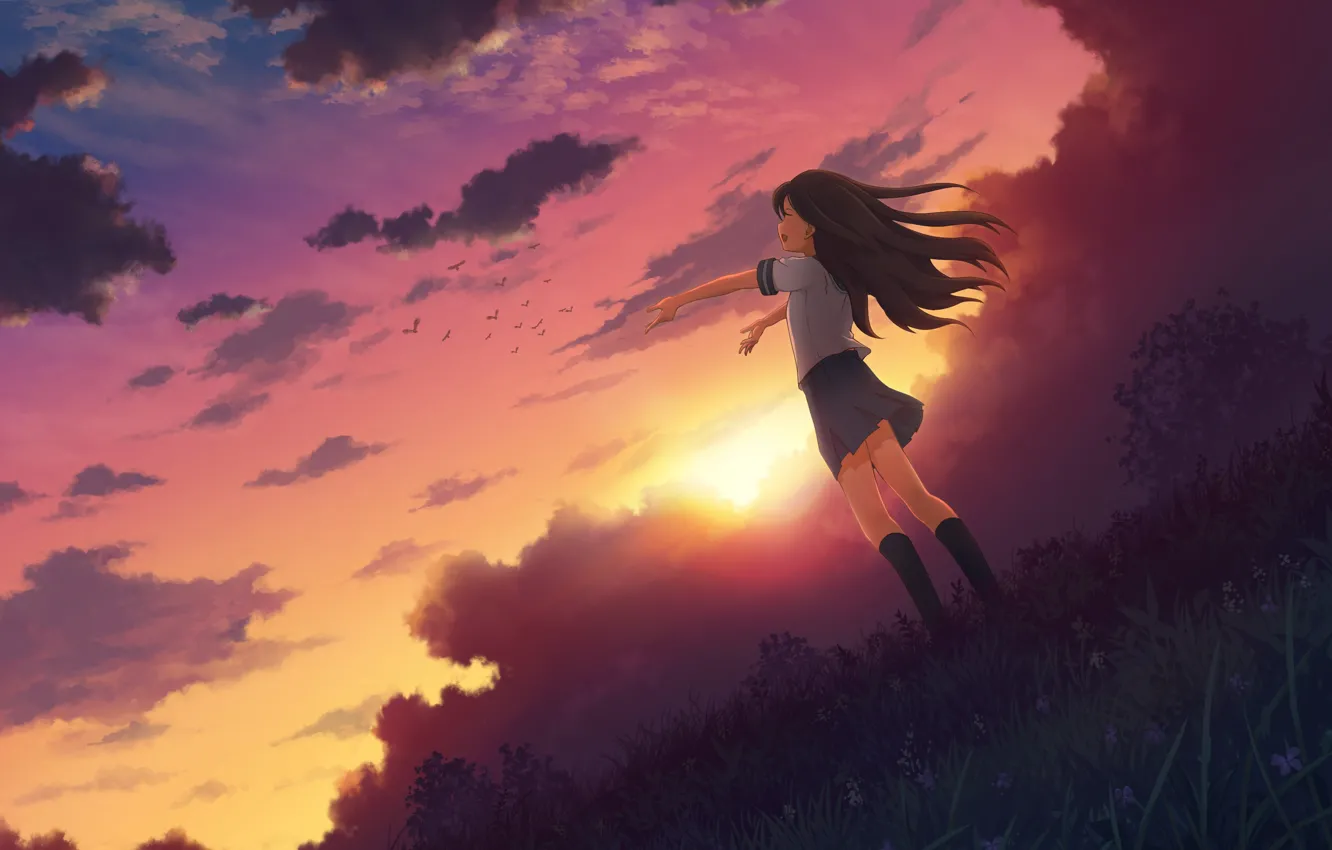 Фото обои небо, девушка, солнце, облака, радость, закат, природа, аниме