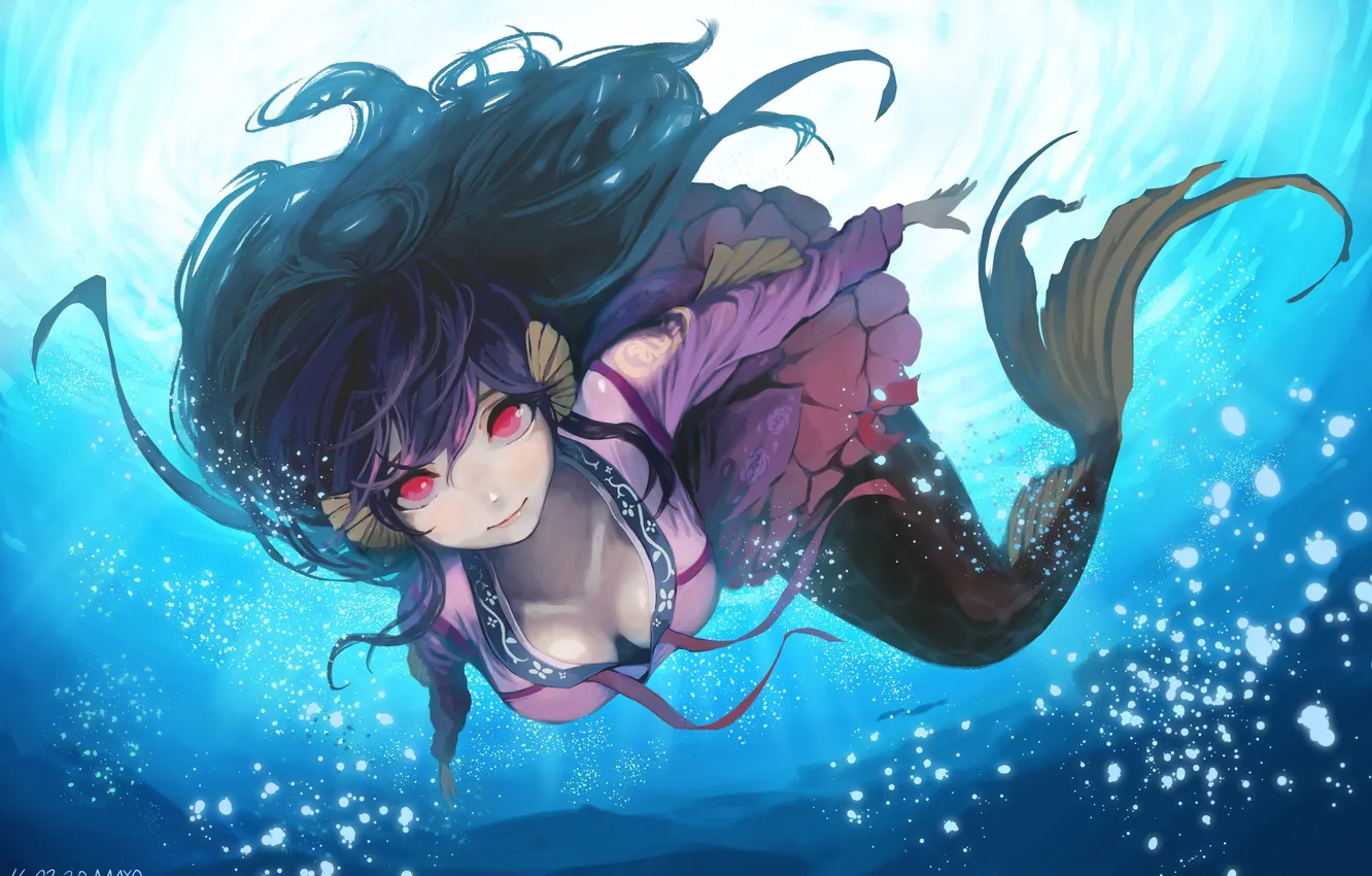 Фото обои девушка, улыбка, пузыри, русалка, аниме, арт, под водой, mayo