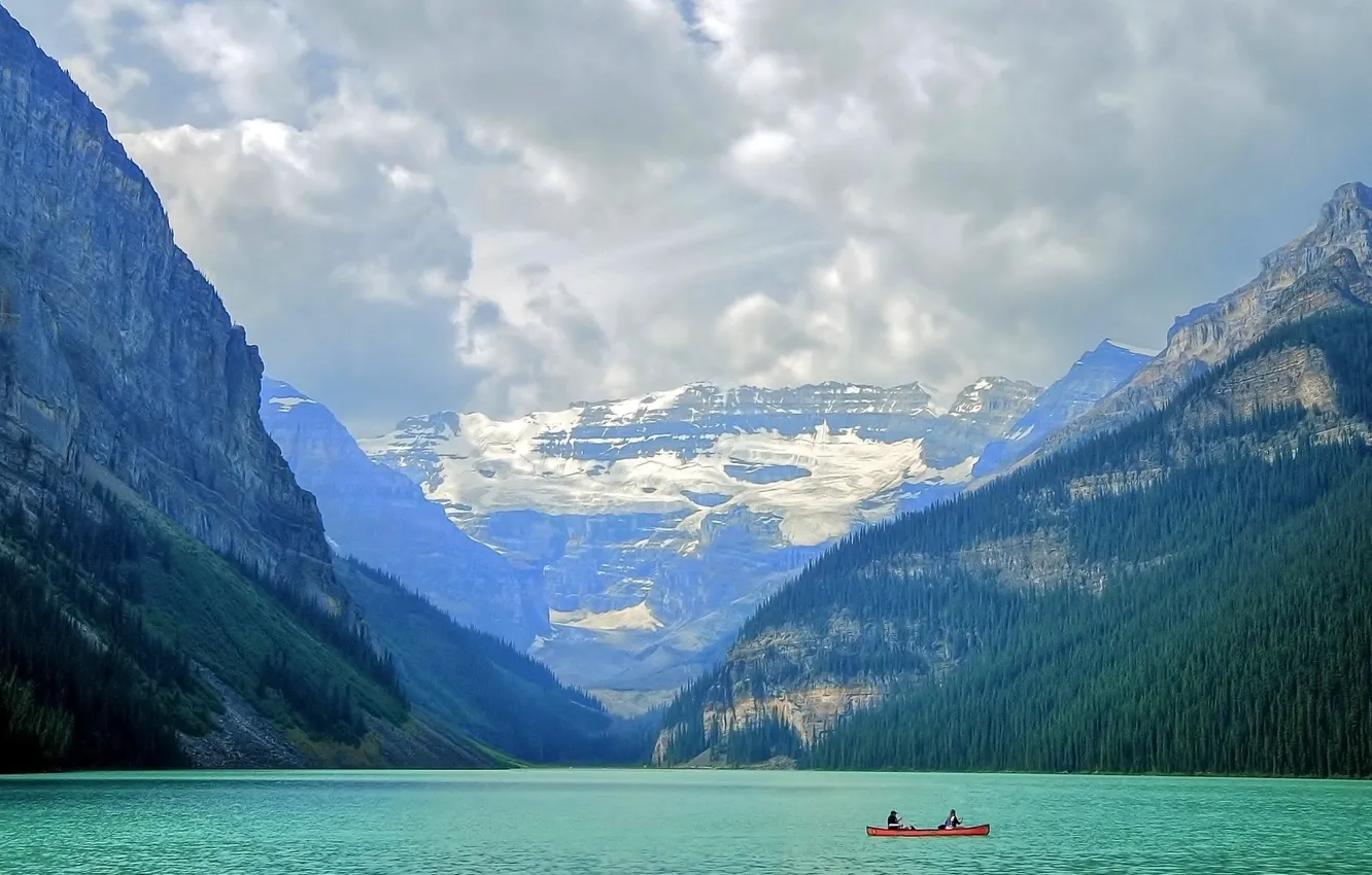 Фото обои пейзаж, горы, озеро, лодка, Banff National Park