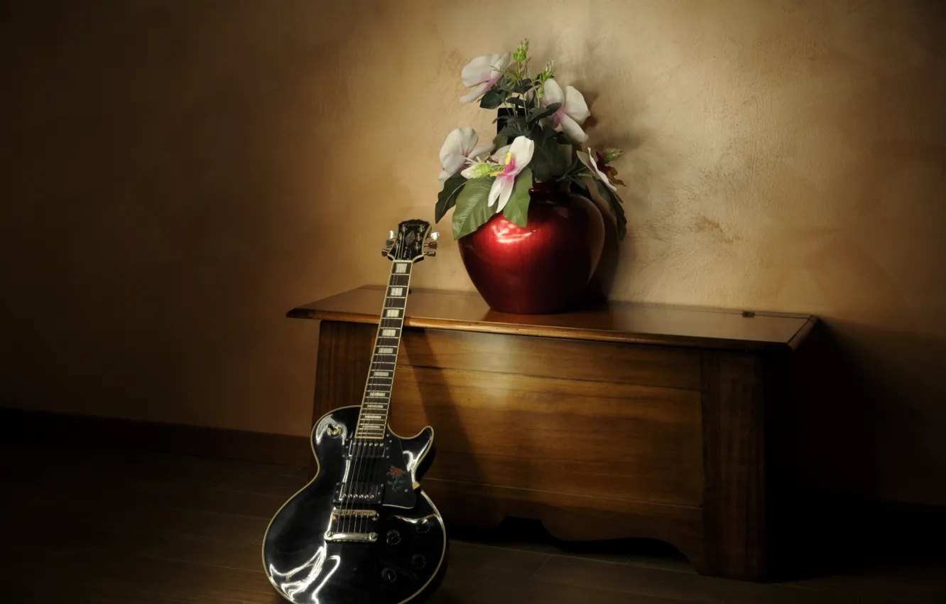Фото обои цветы, музыка, гитара