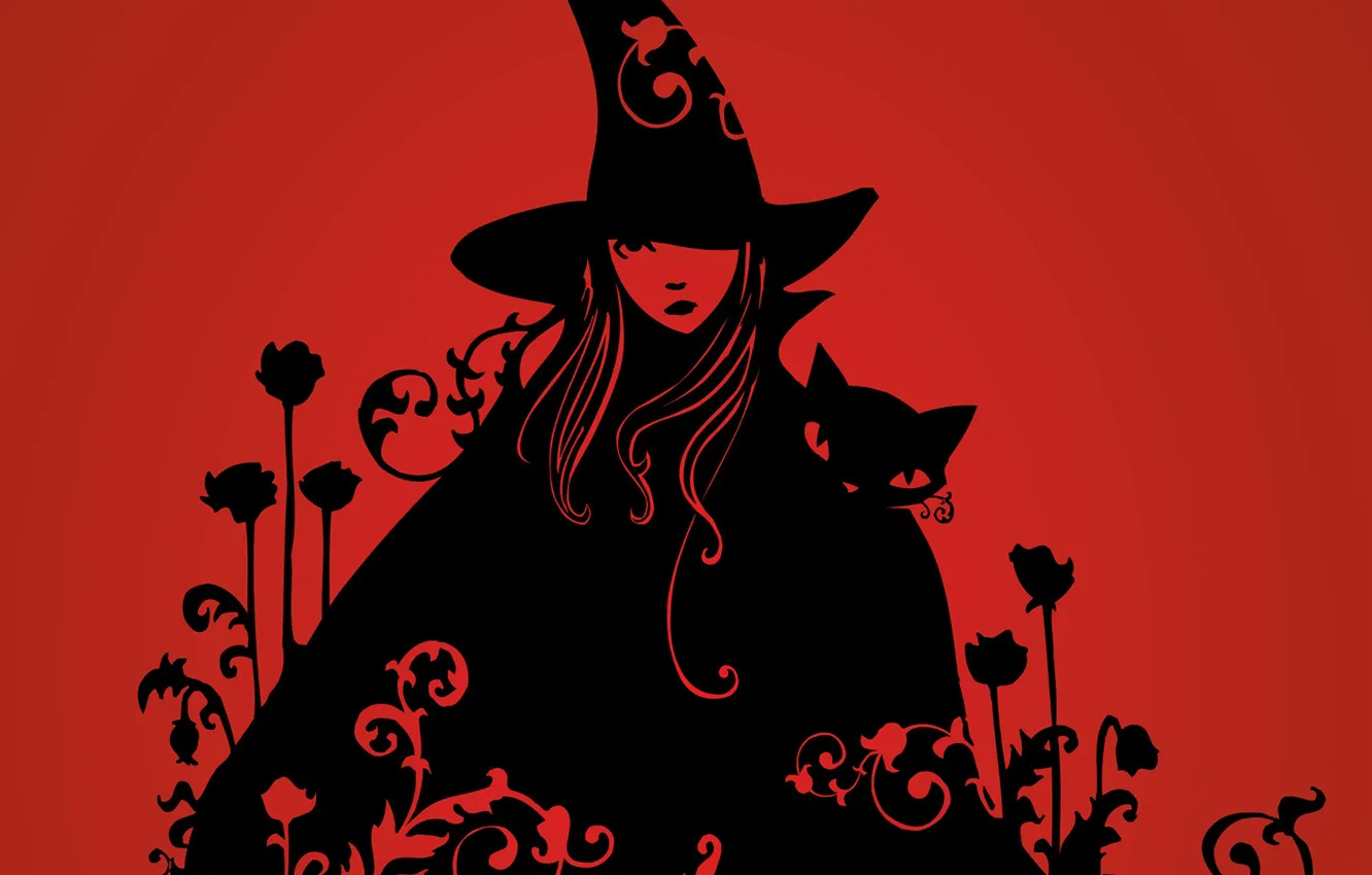 Фото обои заклинание, черный кот, halloween, красный фон, злая ведьма, witch, шляпа ведьмы, злобный взгляд