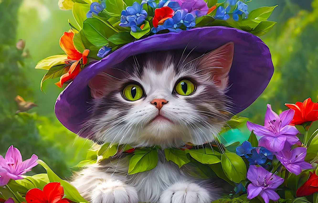 Фото обои зелень, кошка, лето, взгляд, цветы, природа, поза, котенок