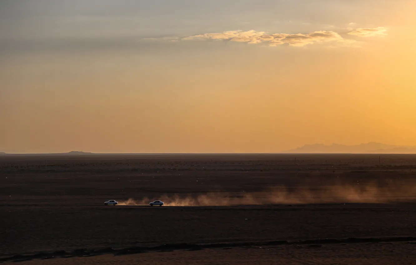 Фото обои cars, desert, landscape, nature, clouds, run, Sun Goes Down, Sina Sadeqi