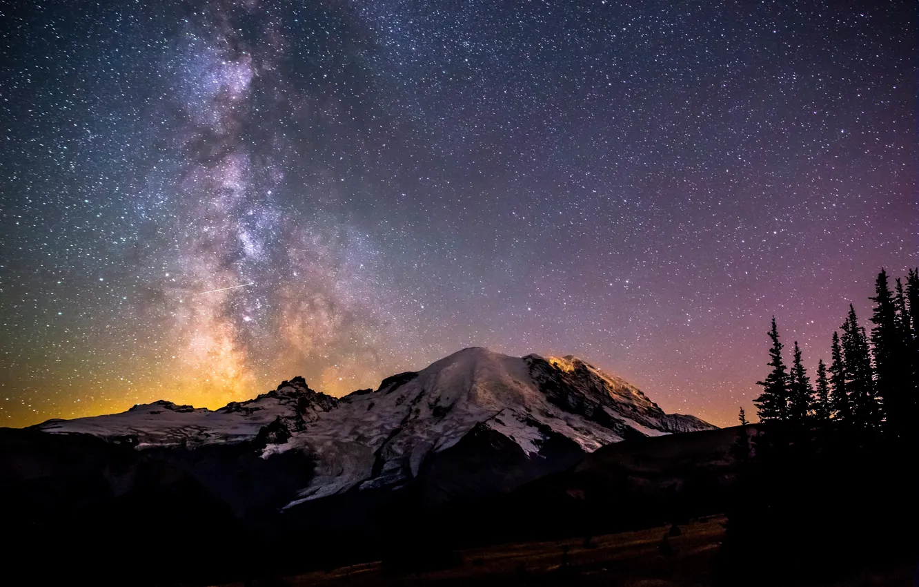 Фото обои зима, лес, звезды, снег, пейзаж, горы, млечный путь, Rainier National Park