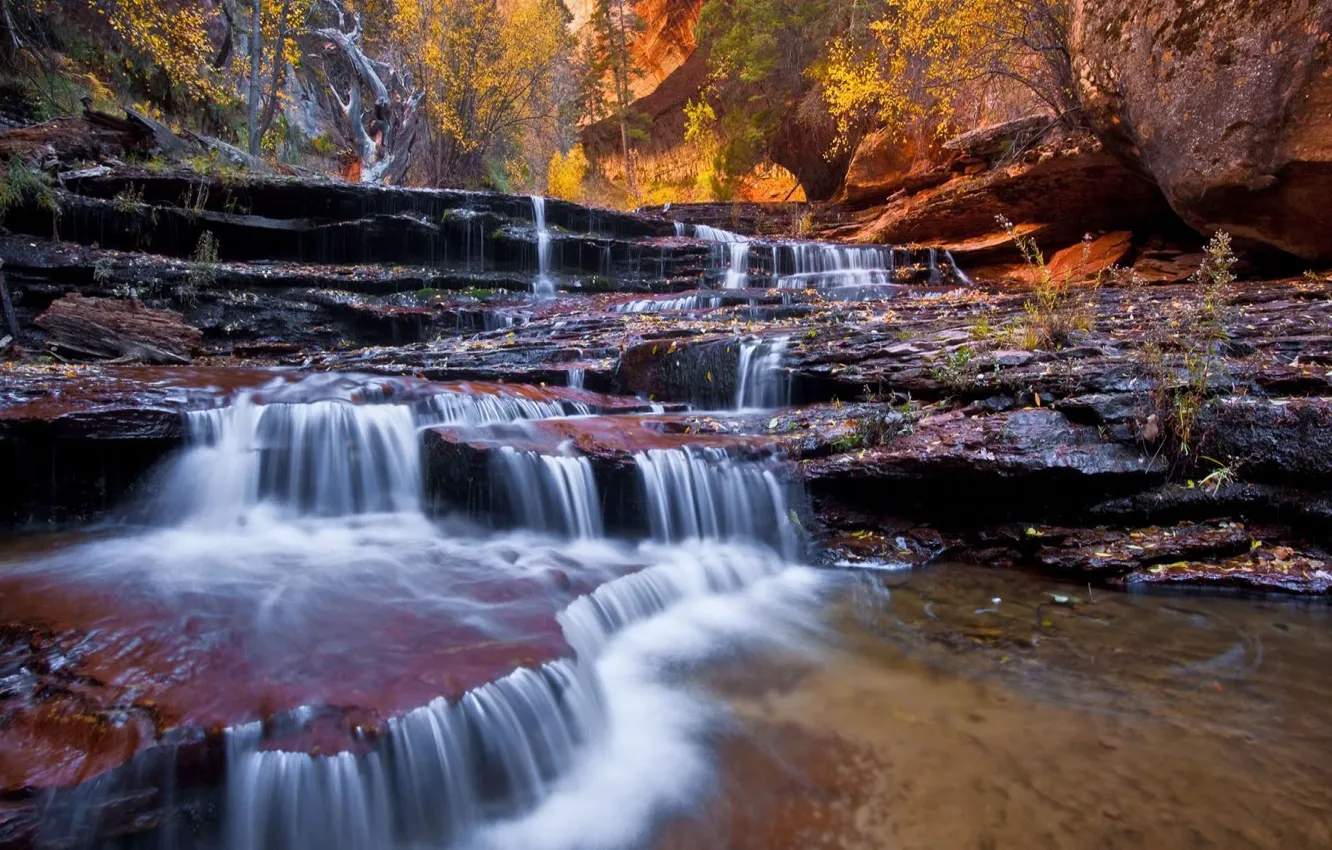 Фото обои осень, пейзаж, природа, река, скалы, водопад