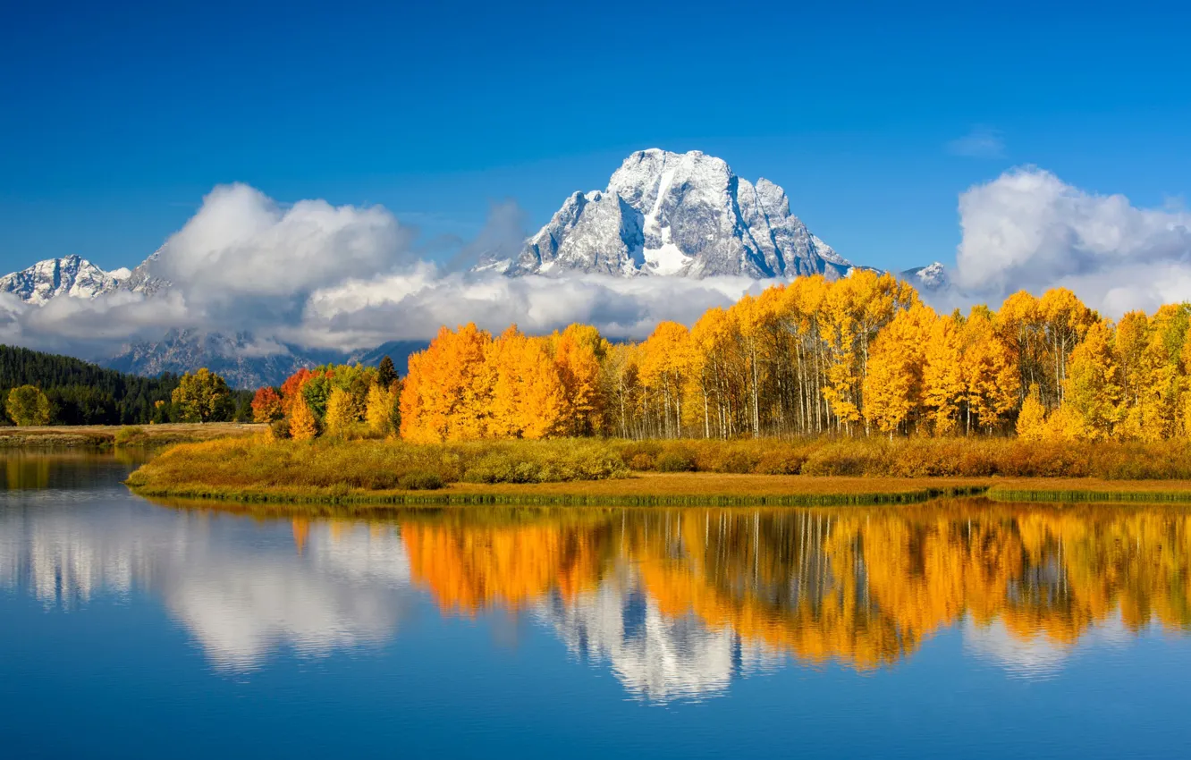 Фото обои осень, горы, озеро, США, Oxbow Bend Lake