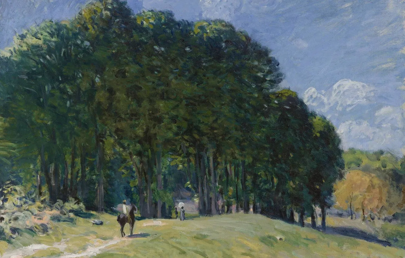 Фото обои деревья, пейзаж, картина, Alfred Sisley, Альфред Сислей, Всадник на Краю Леса