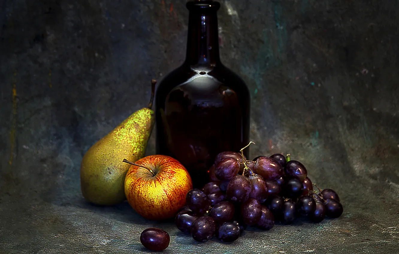 Фото обои фото, бутылка, яблоко, стилизация, виноград, груша, натюрморт, псевдоживопись
