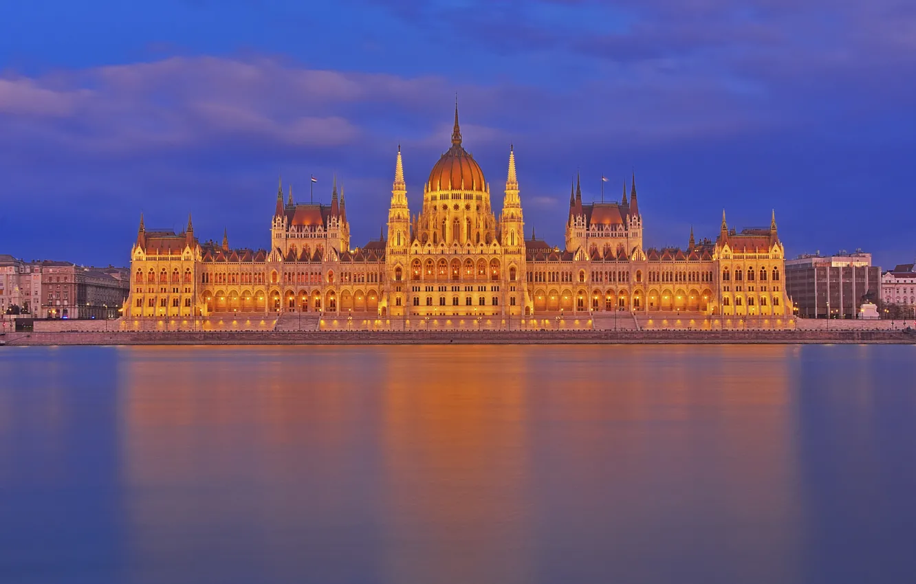 Фото обои ночь, огни, река, парламент, Венгрия, Будапешт, Дунай