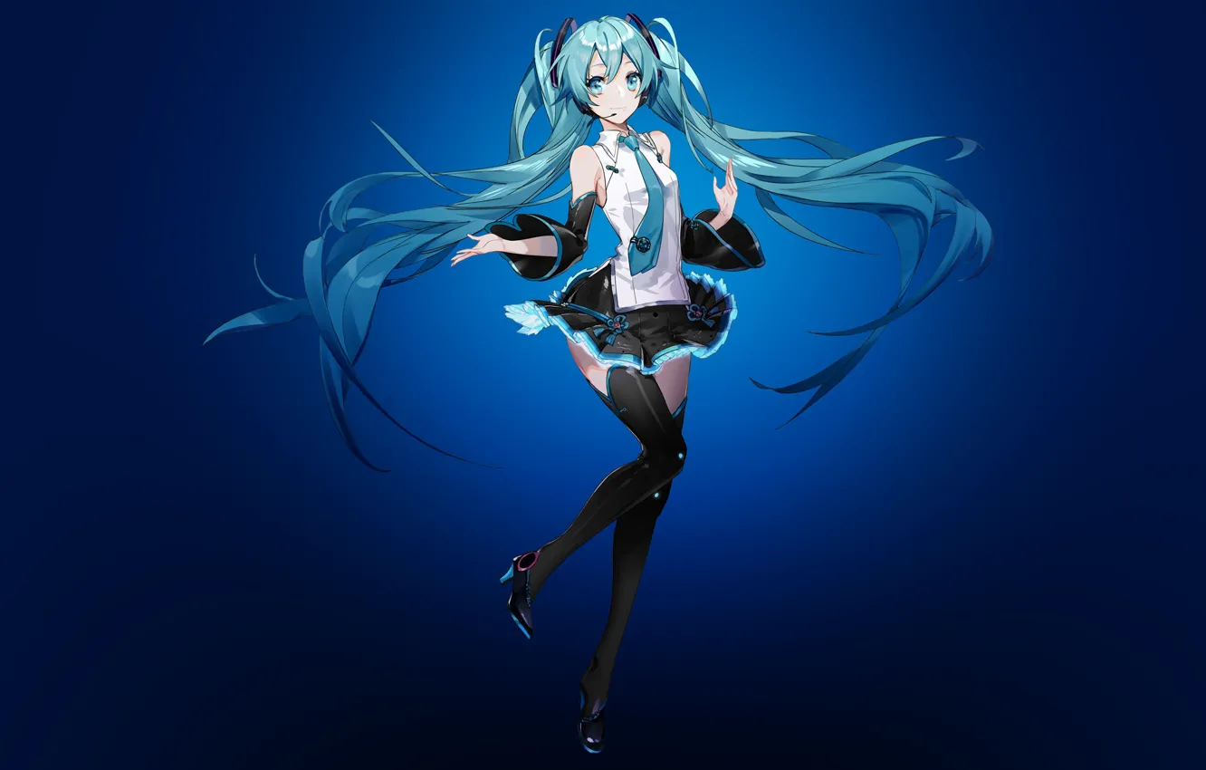 Фото обои поза, аниме, мини юбка, Hatsune Miku, жест, голубые волосы, black stockings, anime