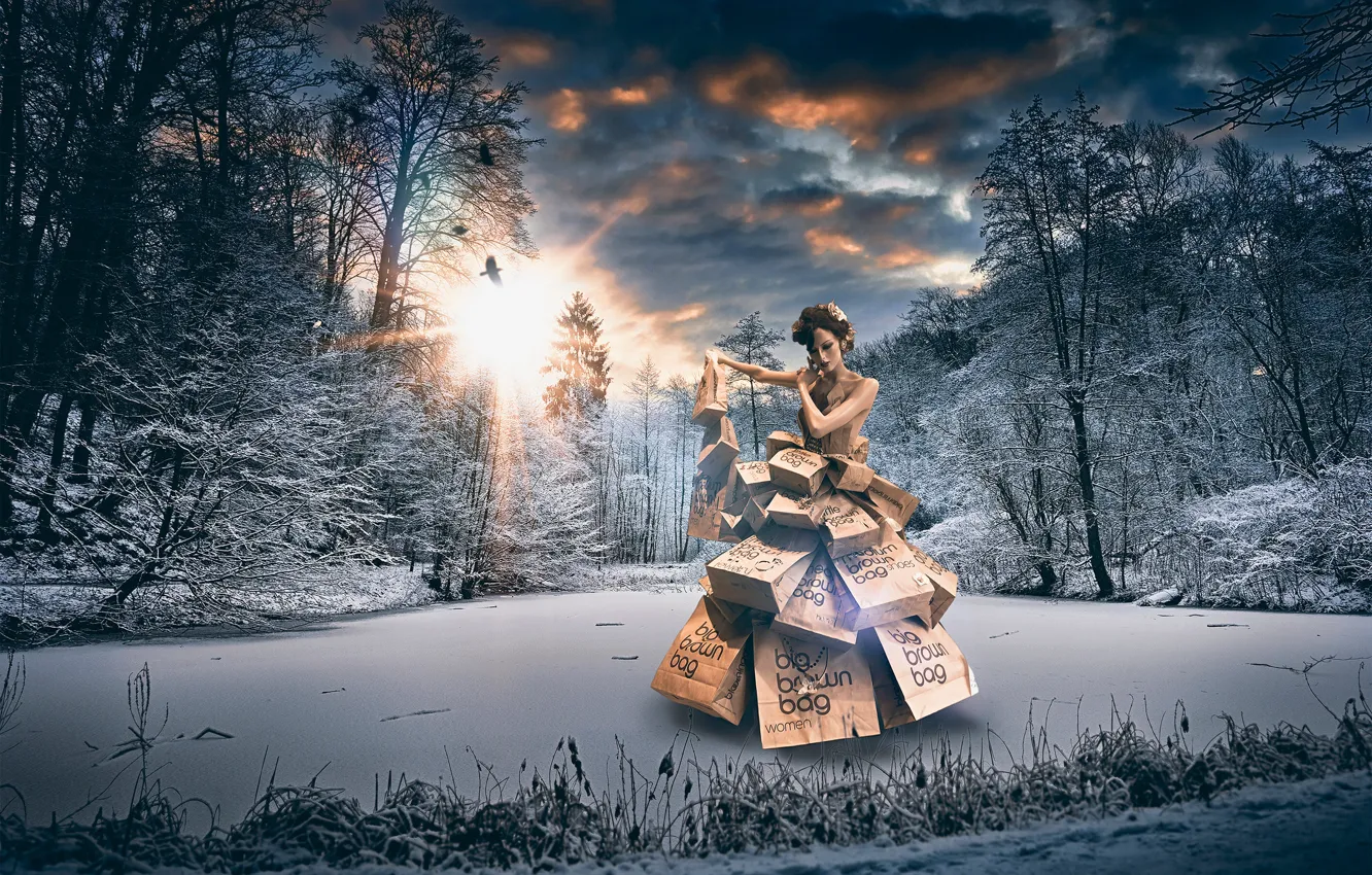 Фото обои зима, лес, девушка, одежда, пакеты