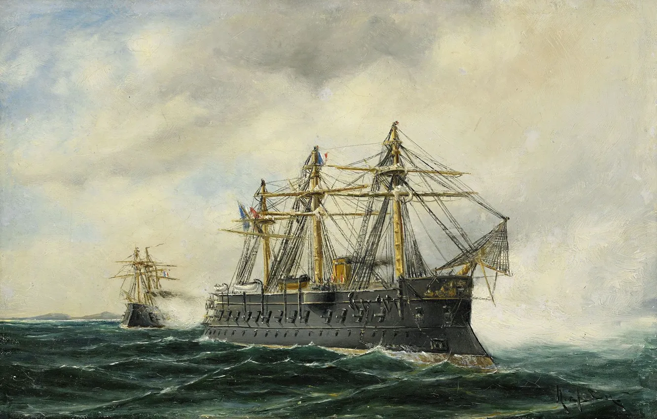 Фото обои Море, броненосец, Herman Gustav Sillen, флаг франции, Marint motiv