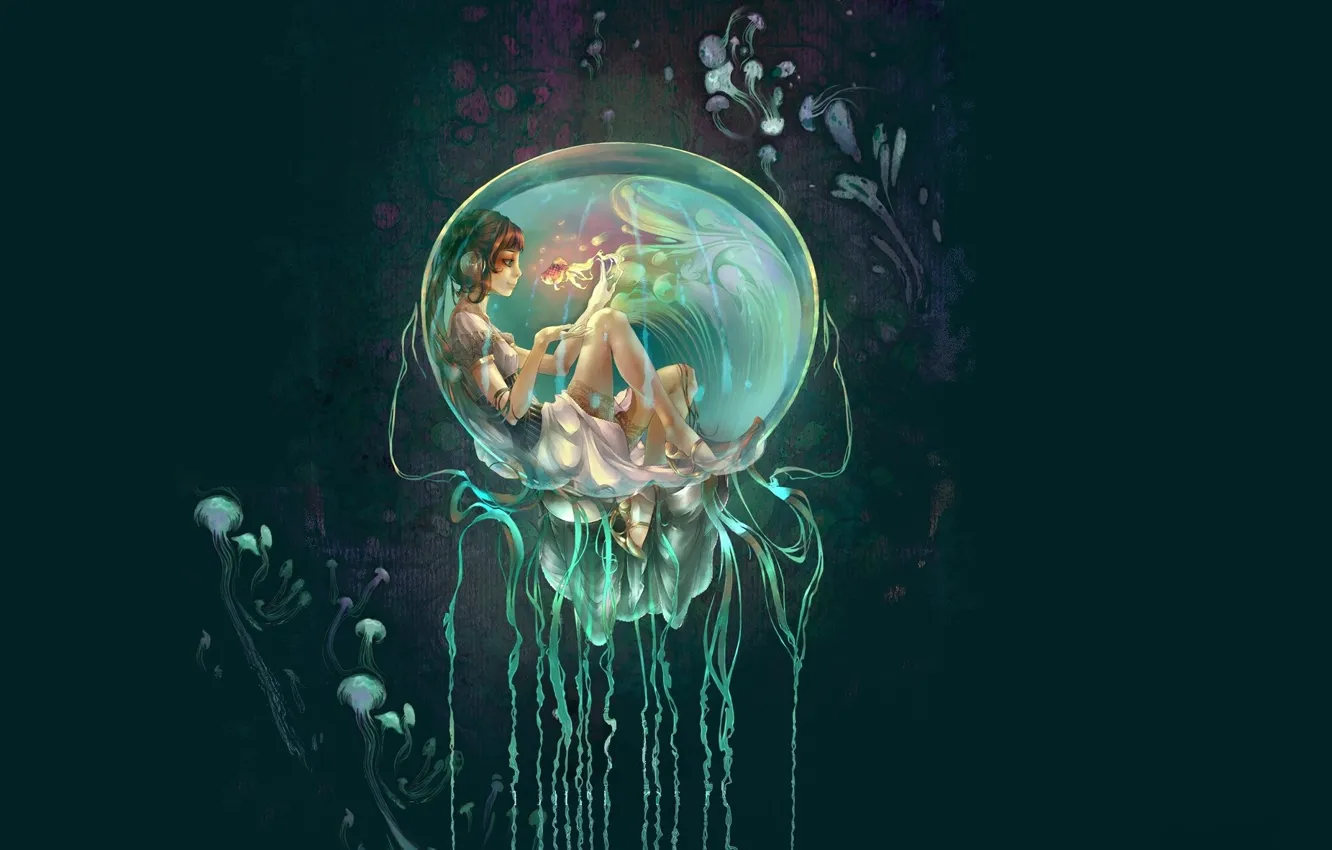 Фото обои русалка, глубина, медузы, золотая рыбка, пузырь, mermaid, магия воды