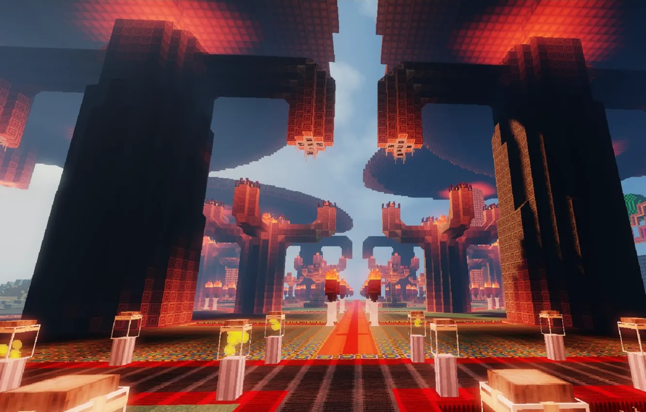 Фото обои дорога, светильник, башни, храм, Minecraft, тотем, факед