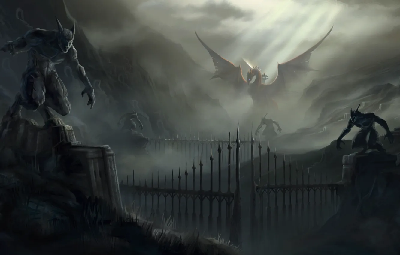 Фото обои горы, скалы, дракон, ворота, арт, монстры, статуи, Fallen Enchantress