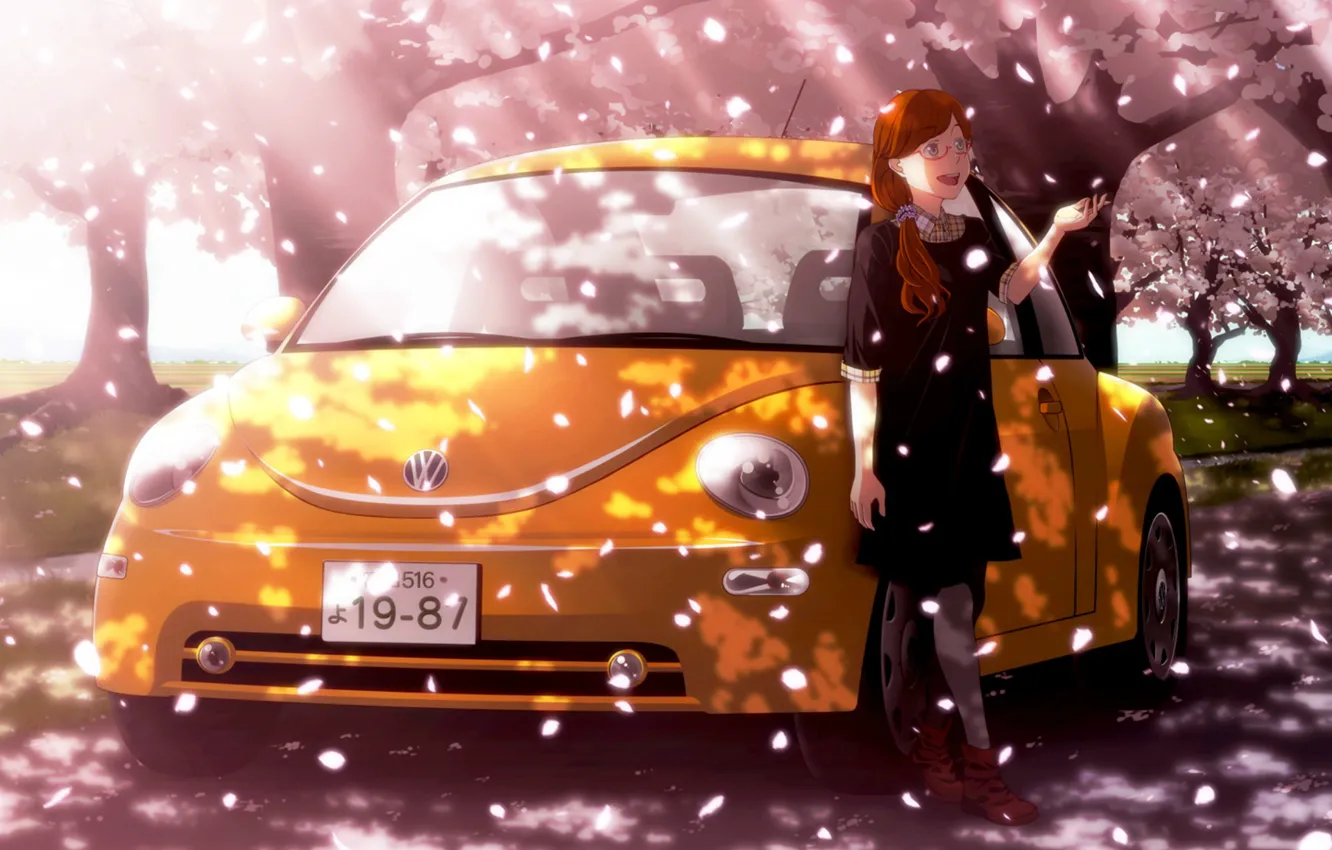 Фото обои машина, радость, весна, лепестки, сакура, очки, девочка, рыжая