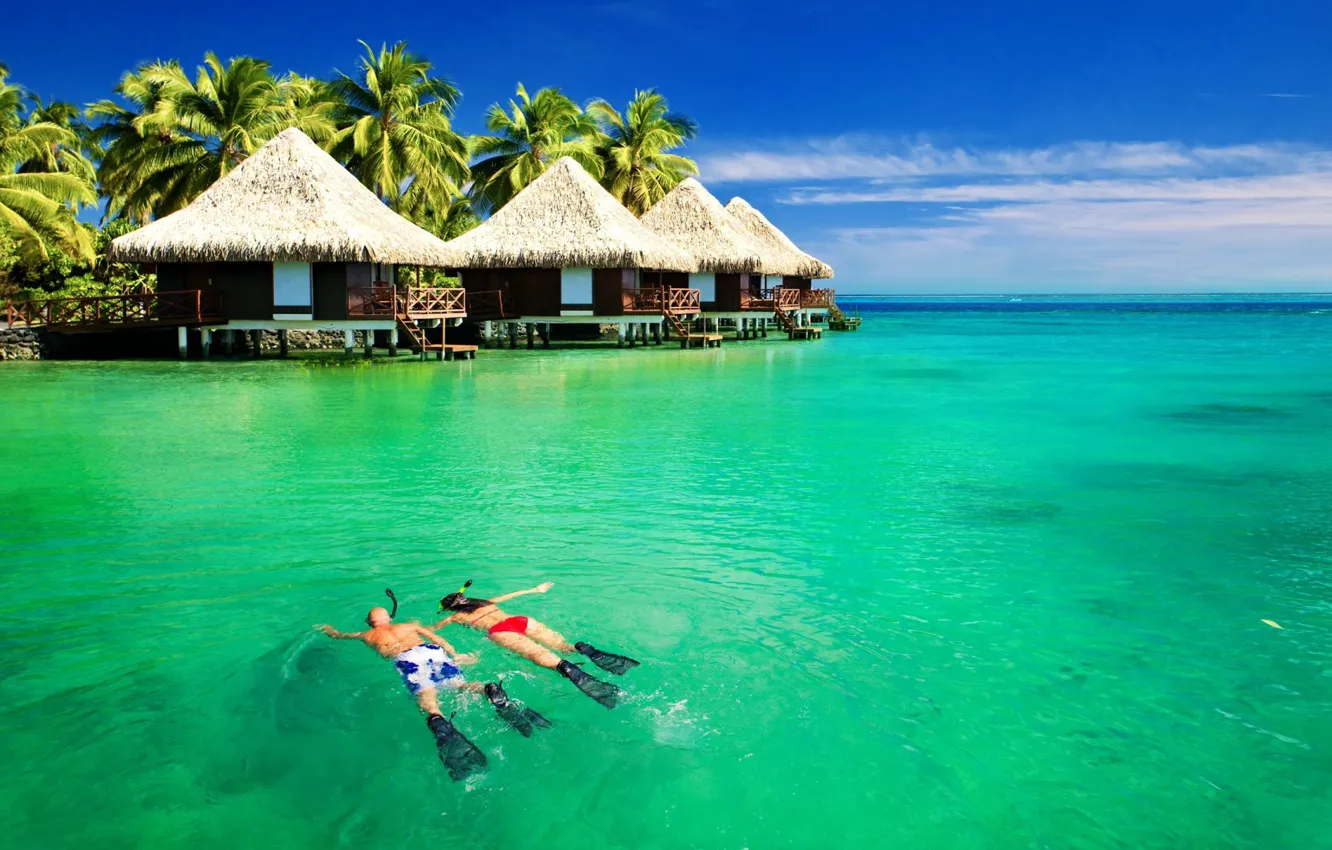 Фото обои море, тропики, океан, Бора-Бора, курорт, бунгало, Французская Полинезия