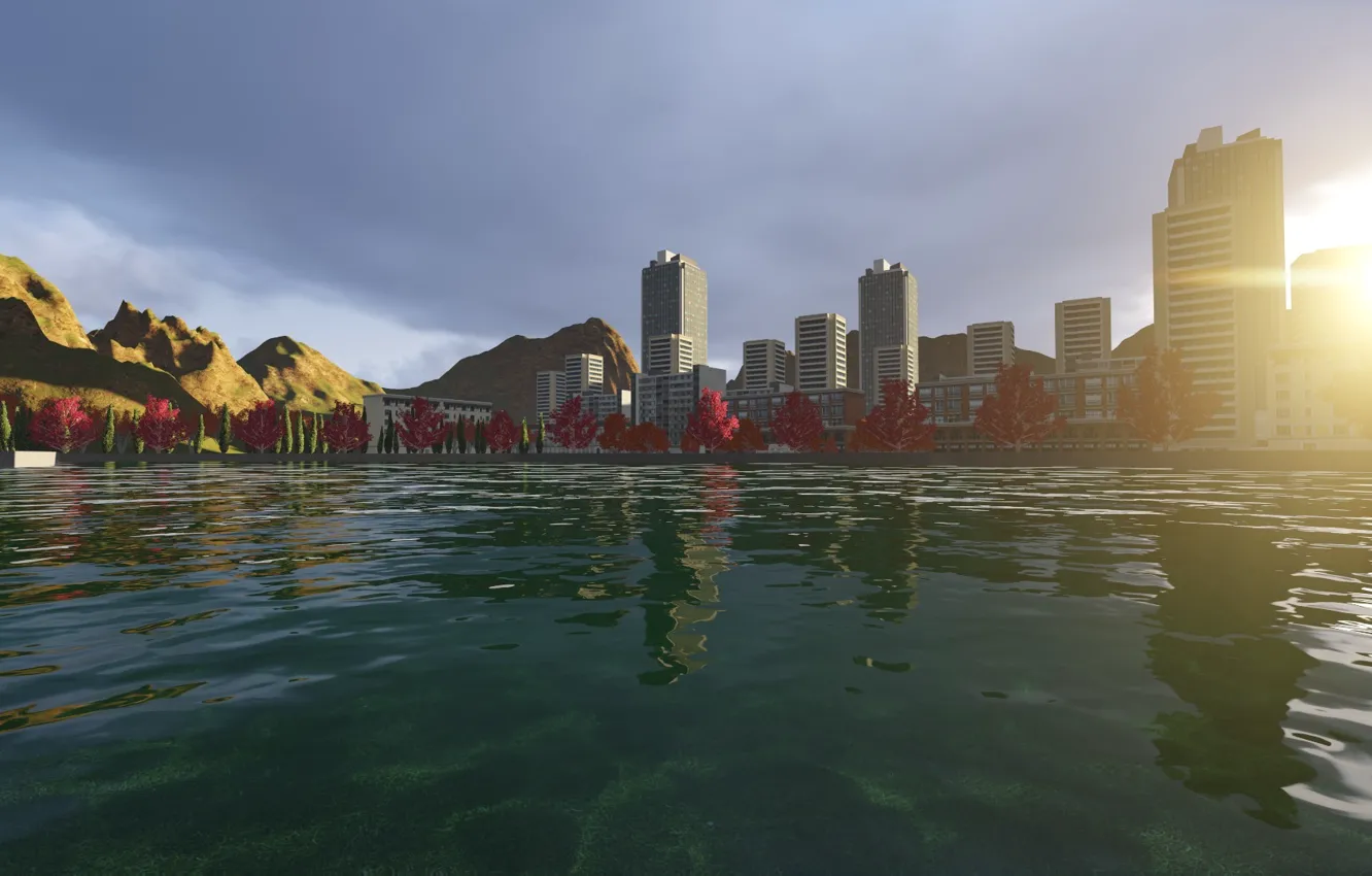 Фото обои вода, закат, город, блики, lumion