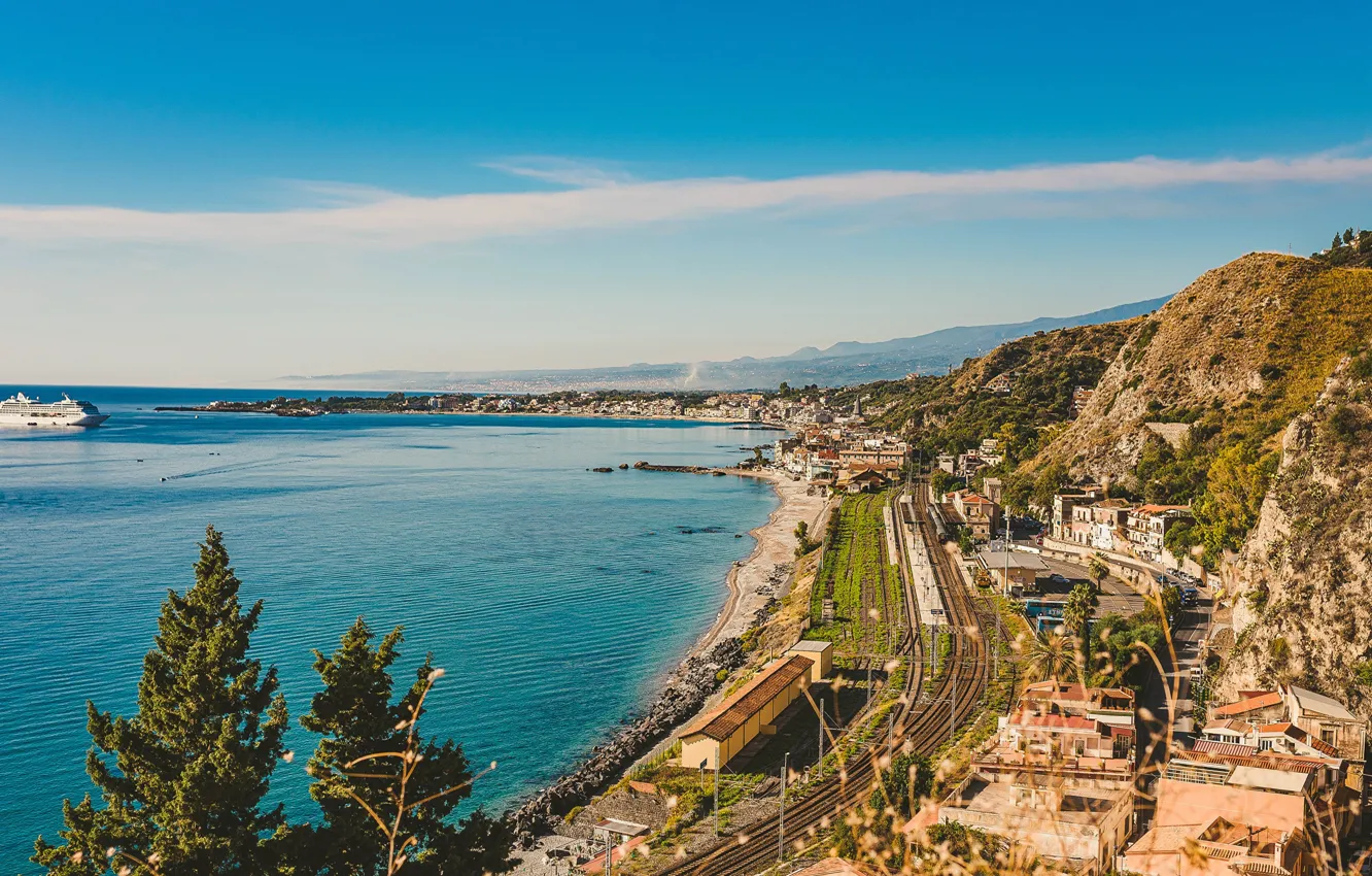 Фото обои фото, Дома, Причал, Город, Италия, Побережье, Сицилия, Taormina